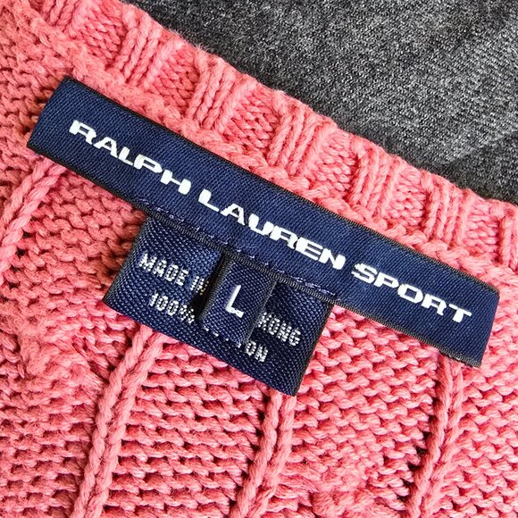 Vintage Y2K Polo Ralph Lauren Sport Pink Cable Knit V-Neck Cotton Sweater Size L - Picture 3 of 5